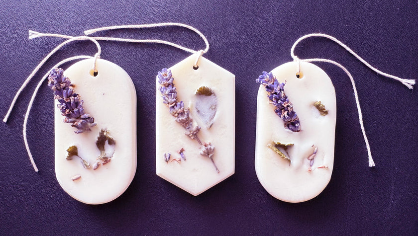 AO-AO - Hanging Wax Botanical Palette Freshener - Lavender, Lemon & Nutmeg (Scent) / Natural Colour / Long Oval